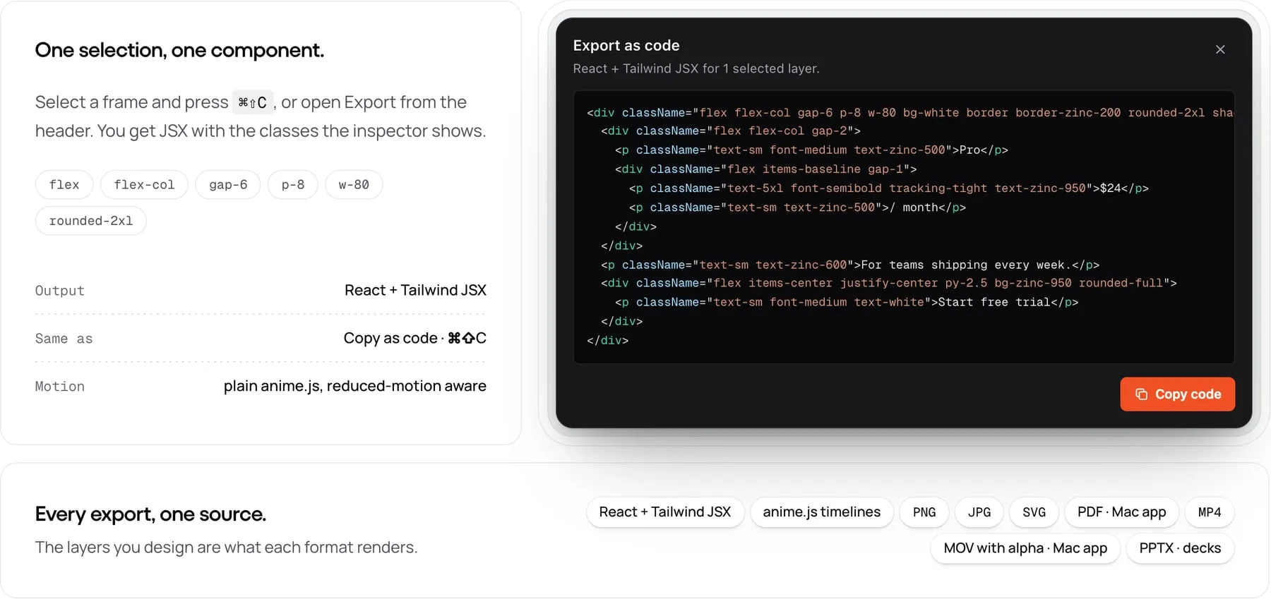 Exporting a selected frame as React and Tailwind JSX