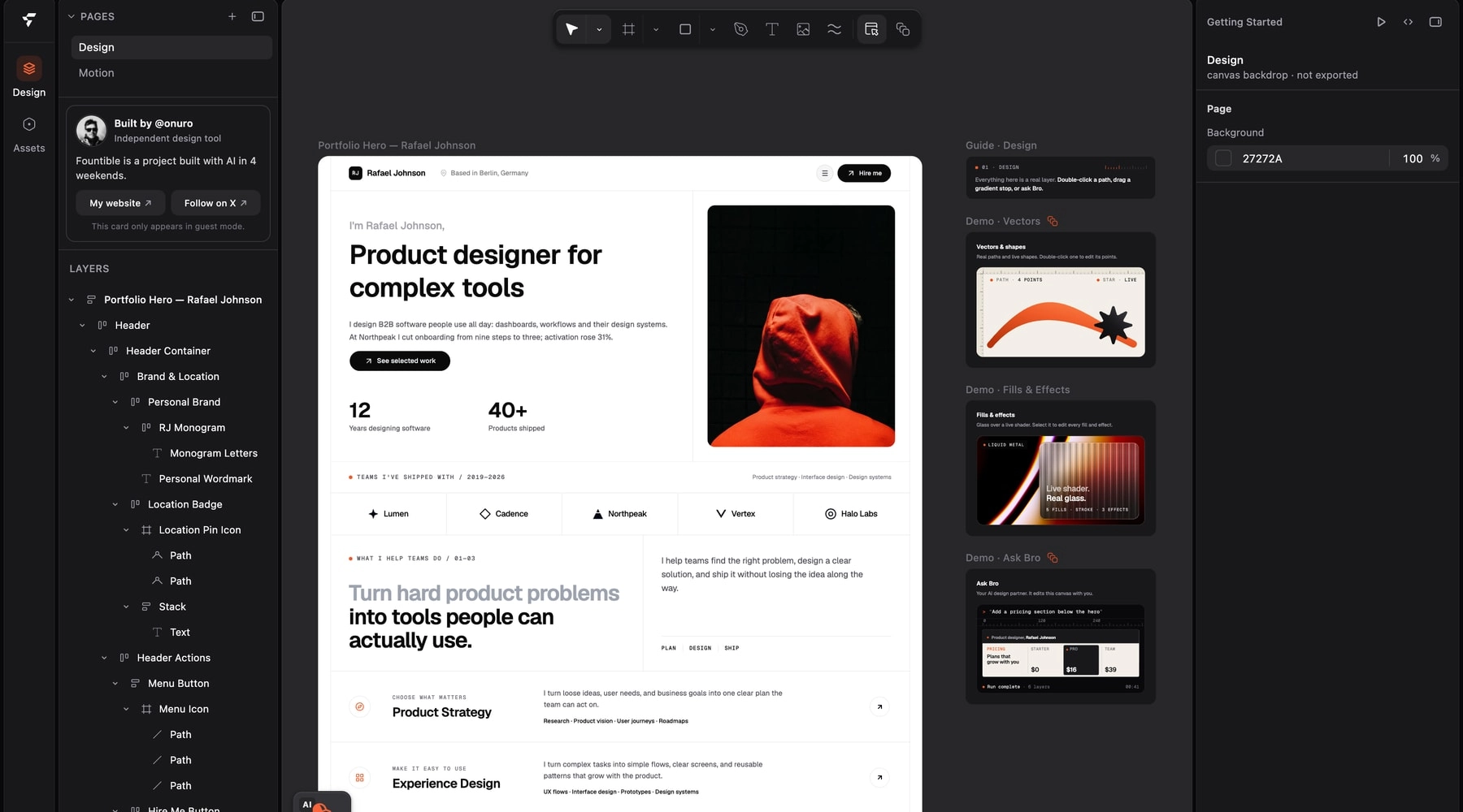 The Fountible editor with a portfolio design on the canvas